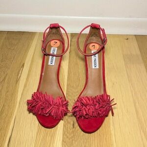 New Steve Madden Red Suede Fringe Ankle Strap Heels Size 7